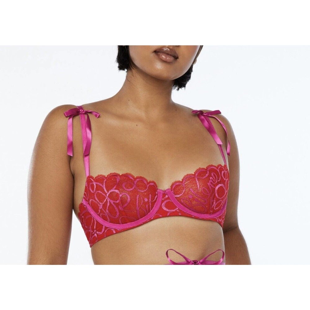 SAVAGE X FENTY Red Pink LACE RIBBON WRITING UNLINED BALCONETTE BRA PLUS 44DDD